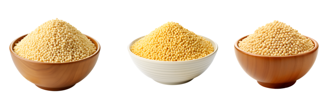 Set of puffed millet in bowls isolated on transparent background