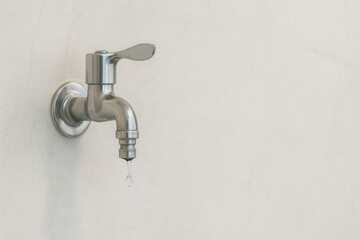 A close-up of a metallic faucet with a droplet of water hanging from the spout, symbolizing a potential leak