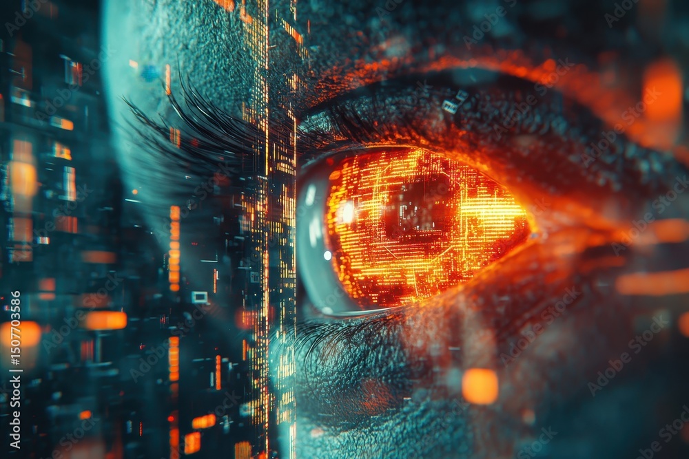 Aufkleber close-up view of a human eye with glowing digital effects, showcasing the fusion of technology and h