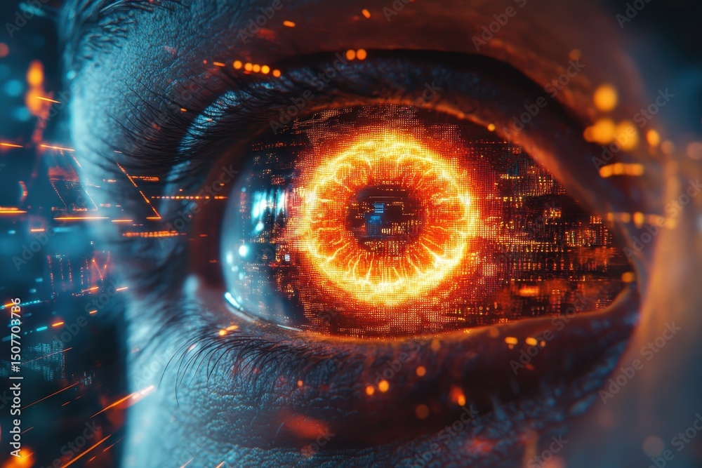 Aufkleber close-up view of a human eye with glowing digital effects, showcasing the fusion of technology and h