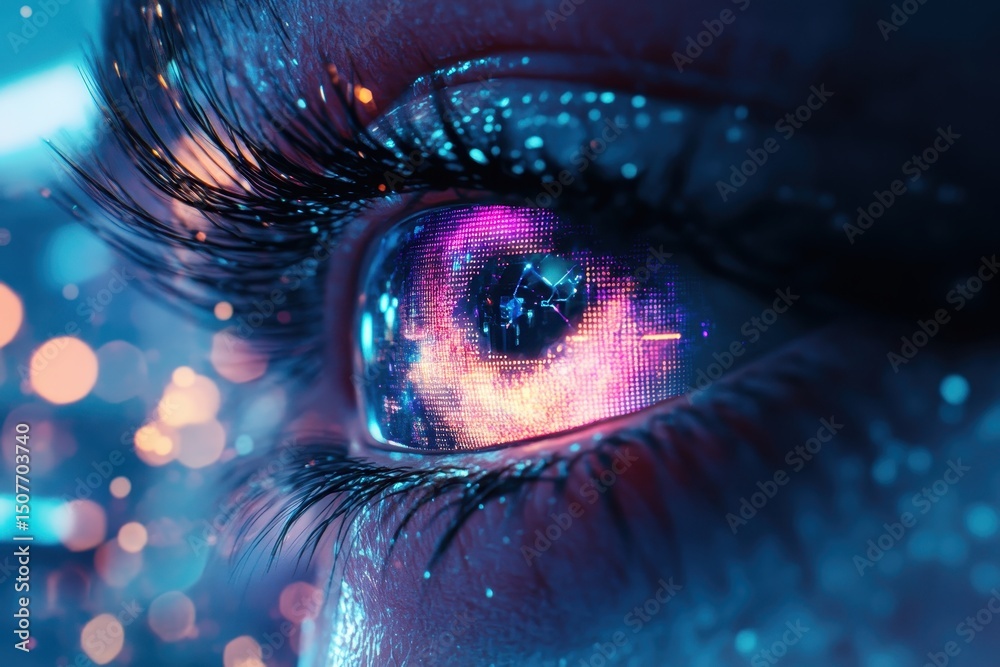 Aufkleber Vivid close-up of an eye displaying digital patterns and colorful lights in a futuristic setting during nighttime