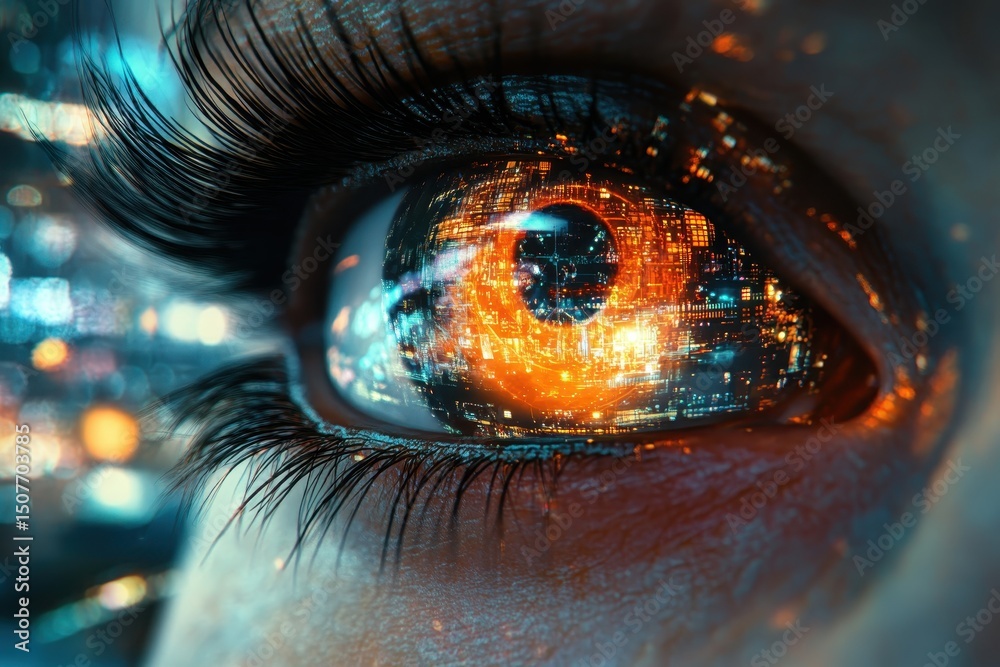 Poster Vivid close-up of an eye displaying digital patterns and colorful lights in a futuristic setting during nighttime