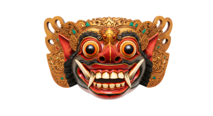 Intricate Balinese Barong Mask with Golden Ornaments and Red Face on a Gradient Background, showcasing Traditional Indonesian Art