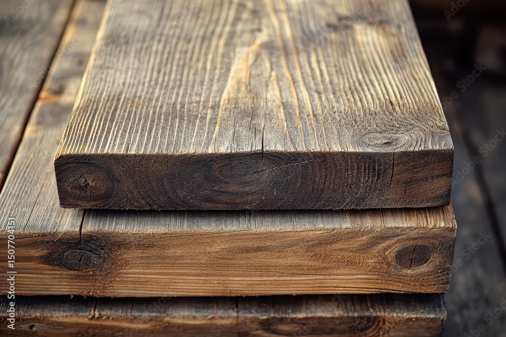 Aufkleber Stacks of weathered wooden planks resting on a surface in a workshop during the afternoon light showcasing natural textures and rich colors of various woods