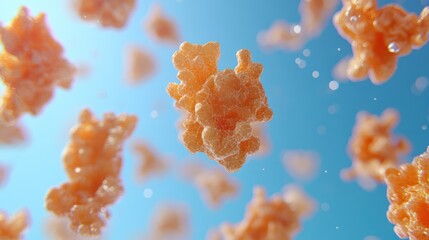 Orange snacks, puffed, in mid-air, light blue backdrop