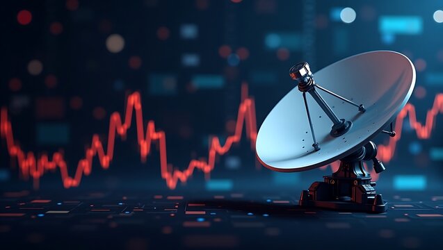 Digital communications network satellite dish technology with stock chart analysis