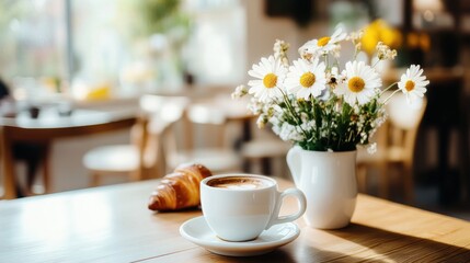 Obraz premium A cup of coffee, croissant, and daisies on a cafe table, bathed in sunlight