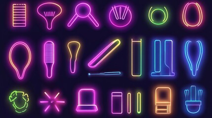 Neon-colored, outlined icons of various tools and objects