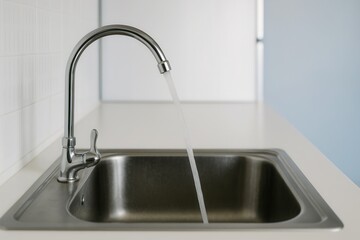 A modern chrome faucet dispensing water into a stainless steel kitchen sink, capturing clean water flow and design