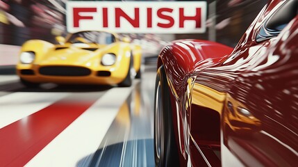 Two racing cars speeding towards the finish line.