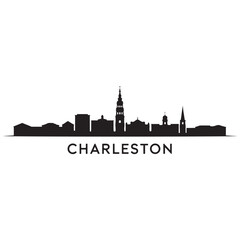 Obraz premium Charleston skyline horizontal banner. Black Charleston City, South Carolina. Vector template for your design. Vector black silhouette. with white background