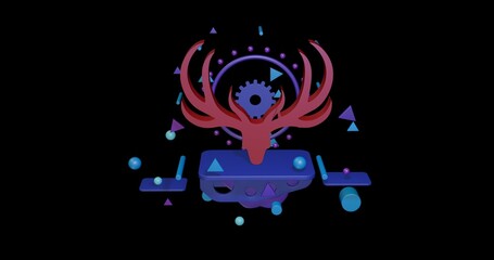 Red deer horns symbol on a pedestal of abstract geometric shapes floating in the air. Abstract concept art with flying shapes in the center. 3d illustration on black background