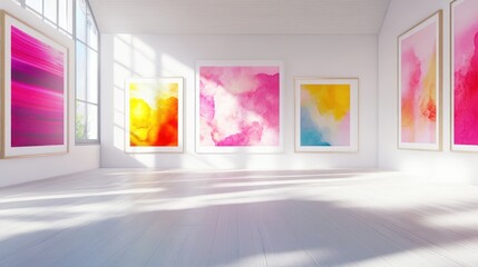 Empty gallery space with vibrant art