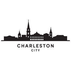 Obraz premium Charleston skyline horizontal banner. Black Charleston City, South Carolina. Vector template for your design. Vector black silhouette. with white background