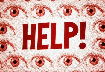 Illustration of staring bloodshot eye, with dramatic lettering