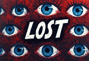 Illustration of staring bloodshot eye, with dramatic lettering