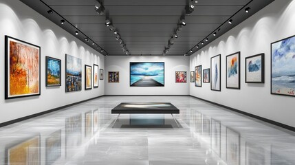 Modern art gallery interior, many framed paintings on white walls, polished floor, spotlight lighting