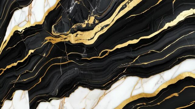 Abstract swirl background of black and white marble texture with shiny gold veins resembling a luxurious natural stone pattern