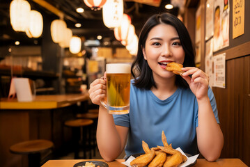 居酒屋で手羽先の唐揚げを食べる女性
