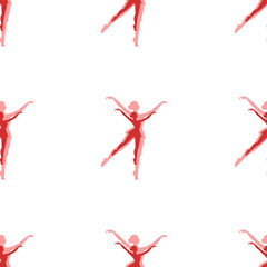 Seamless pattern of large isolated red dancing girl symbols. The elements are evenly spaced. Illustration on light red background