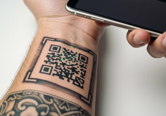 Person scanning QR tattoo from his hand with smart phone. Close up shot
