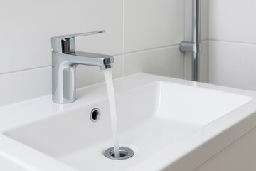 A close-up image of a modern faucet with running water, showcasing sleek bathroom design and efficient water flow