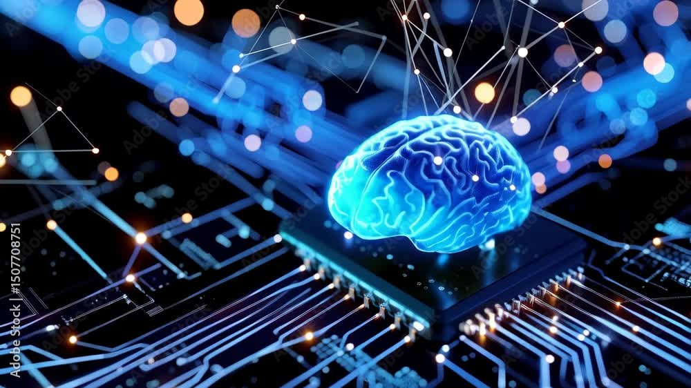 Poster glow brain on circuit board displaying artificial intelligence and neural network conceptualization 