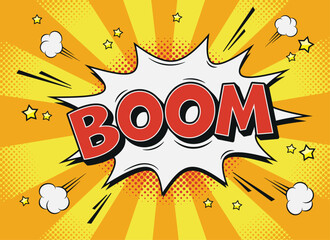 Comic explosion speech bubble with text boom in retro pop art style in front of ray background with halftone dots. Vector illustration.