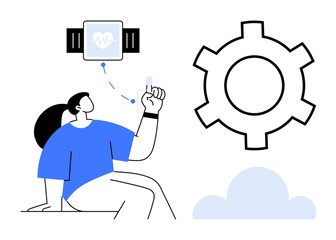 Person interacts with a smartwatch displaying a heart icon, connecting to a gear symbol and cloud shape. Ideal for tech, health monitoring, IoT, innovation, fitness, wearable design, simple landing