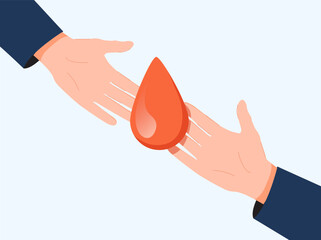 Blood donation vector illustration in flat style. Human hand holding blood drop shape with blood level on light