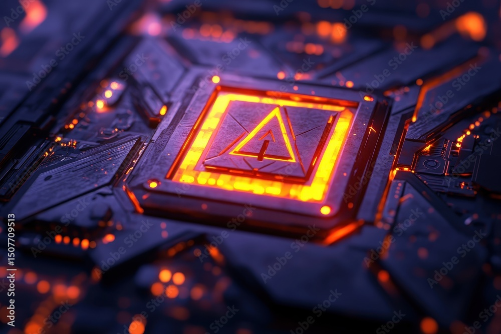 Aufkleber circuit board close-up showcasing vibrant orange lighting and intricate patterns during an evening s