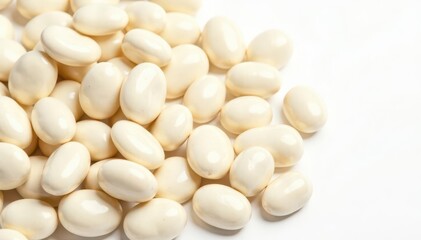 Pile of white beans against bright white backdrop, diet, backdrop, overhead