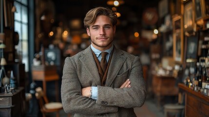 Confident man poses indoors, arms crossed, against a cluttered background