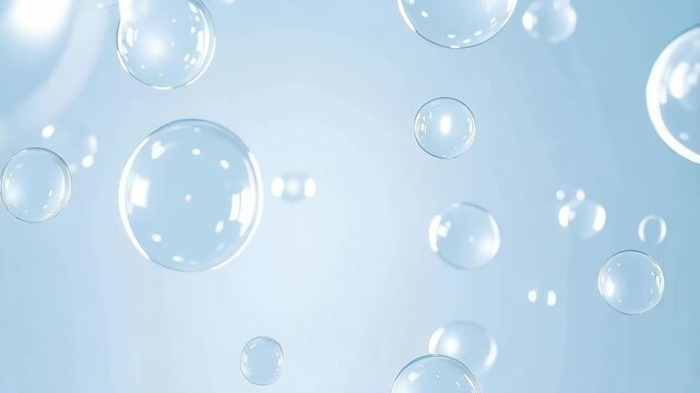 Floating transparent spheres on light blue backdrop creating a clean, soft, airy atmosphere with a refreshing and ethereal visual effect.
