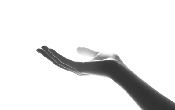 Symbolic hand reaching upward toward radiant light in a spiritual scene Isolated on transparent background.