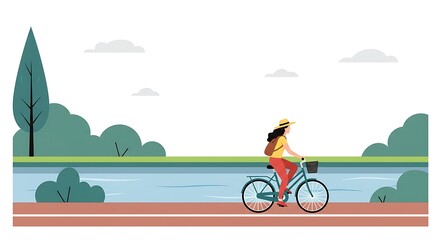 Fototapeta premium Woman rides bike along river in nature