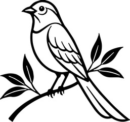 black and white image of a bird on a tree branch
