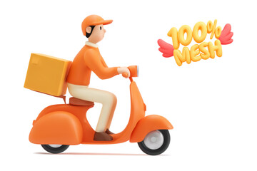 Vector realistic isolated delivery courier on a motorbike on white background.
