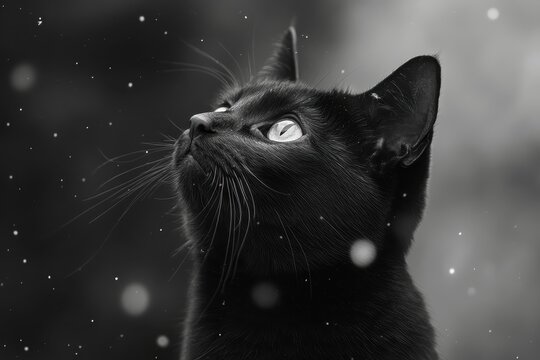 Black cat with glowing eyes crouching in misty grass during twilight in a dark, mysterious forest setting captures an enigmatic moment in nature