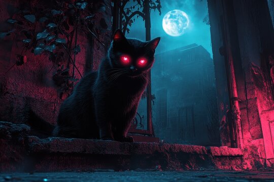Black cat with glowing eyes crouching in misty grass during twilight in a dark, mysterious forest setting captures an enigmatic moment in nature