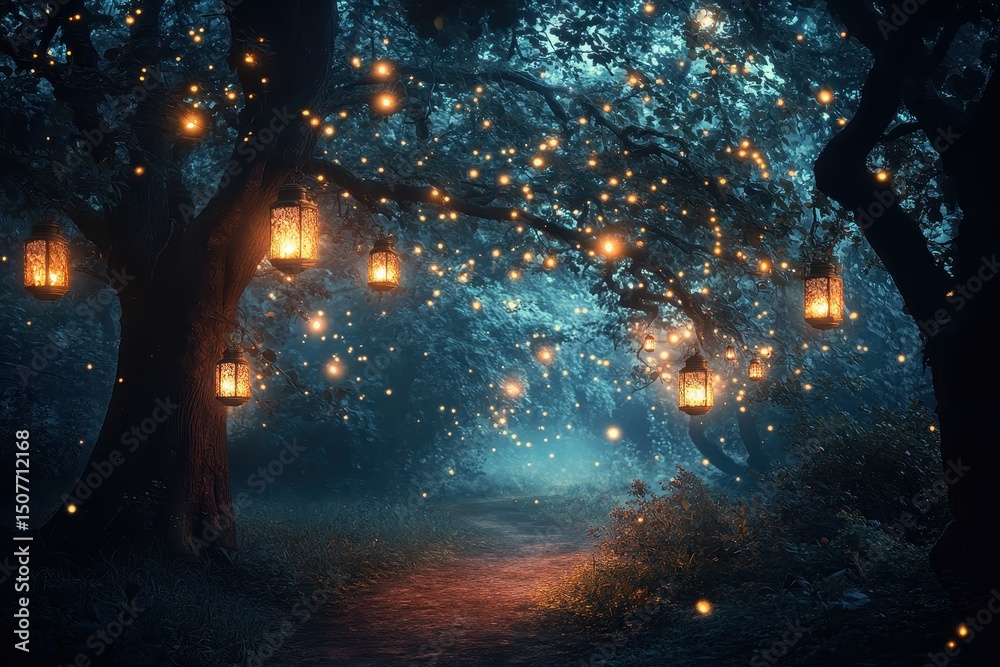 Aufkleber Enchanting lanterns illuminate a tranquil forest path at twilight, creating a magical atmosphere filled with soft glows and floating lights