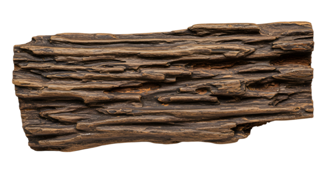 Detailed close-up of aged and textured piece of wood reveals complex natural patterns and warm earthy tones