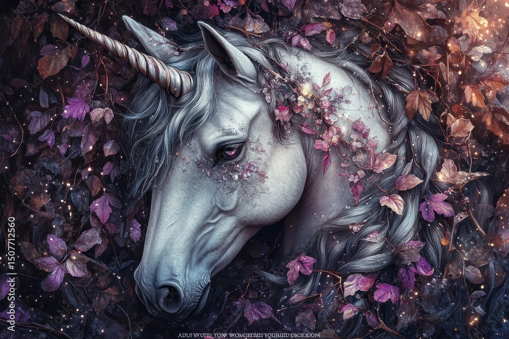 Poster majestic unicorn resting in a mystical forest with glowing flowers at dusk surrounded by twinkling l