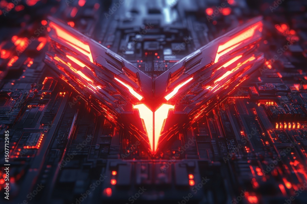 Poster Digital artwork featuring a glowing red emblem against a dark circuit board background created in a futuristic style with intricate details and vivid contrasts