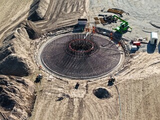 view of the steel structure for the foundation of a wind turbine, wind turbine, wind energy, reinforced concrete, construction site, energy transition