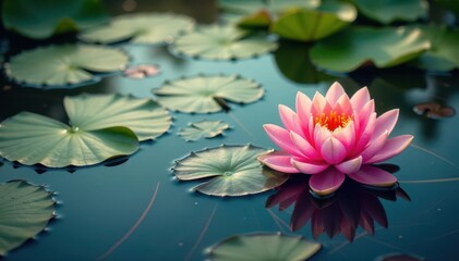 Water lilies bloom in a vibrant floral pattern across a serene lake's surface , photography, summer