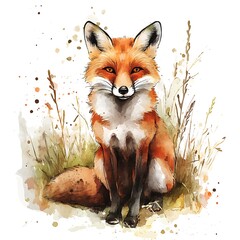 Fototapeta premium A fox sits amongst grasses in a watercolor style illustration.