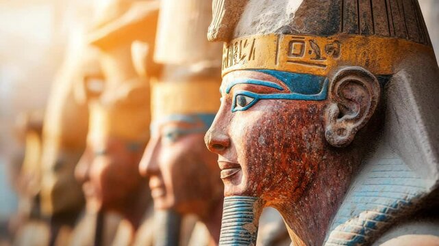 Ancient stone statues, possibly pharaohs, stand in a row, bathed in sunlight.