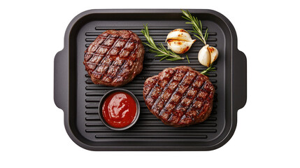 Grilled Steak with Barbecue Sauce on a Pan Top View