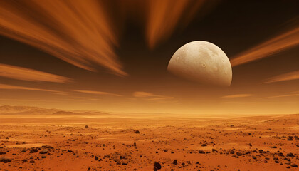 Barren alien landscape with rocky terrain and thick orange atmosphere beneath a massive planet